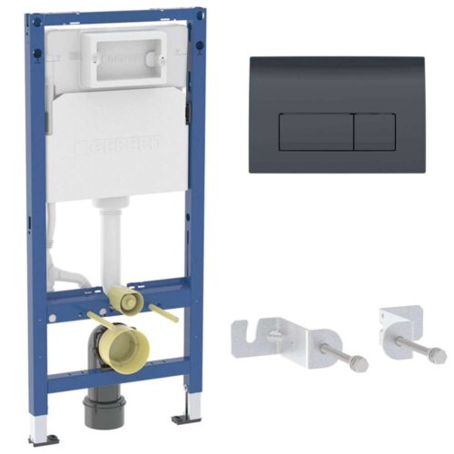 111.128.DW.3 Duofix sanitarni montažni element za konzolnu WC šolju, sa ugradnim vodokotlićem(111.153.00.3), sa tipkom Delta 50 Square crno sjaj (115.119.DW.1) i setom sa montažu (111.839.00.2)